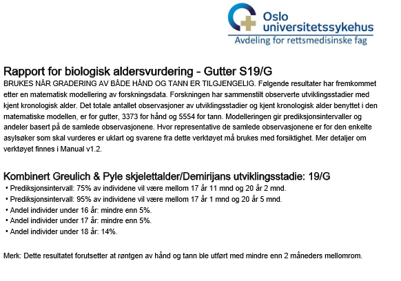 Utklipp fra eksempel på resultatrapport fra BioAlder v1.0, hentet fra BioAlder Manual v1.2 er forklart i punktlisten under.